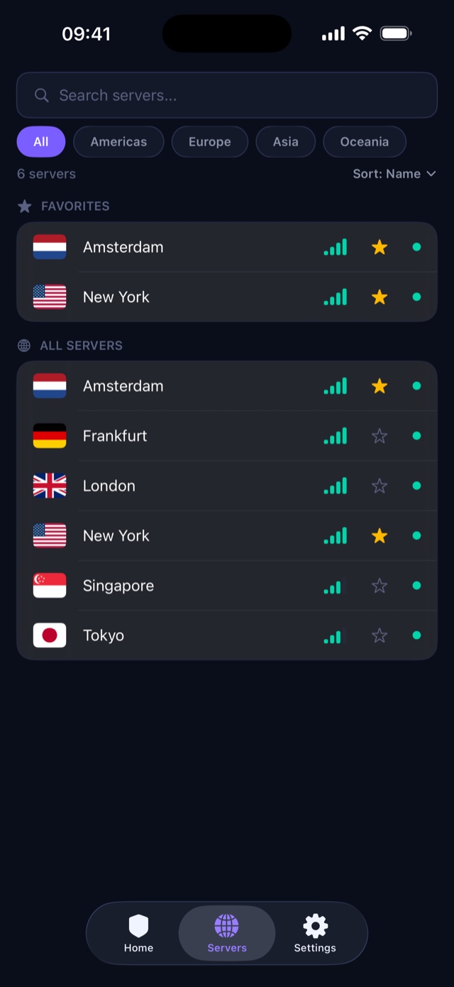 VPN Dan server list showing locations with live latency bars, region filters, and favorites