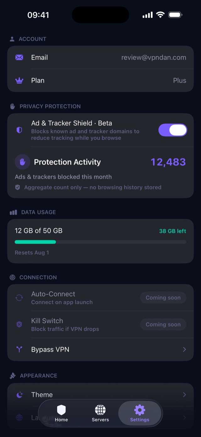 VPN Dan settings showing the Ad & Tracker Shield toggle, blocked-request count, and monthly data usage