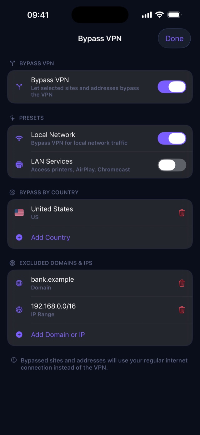 VPN Dan Bypass VPN screen with local network and LAN presets, a country exclusion, and excluded domains