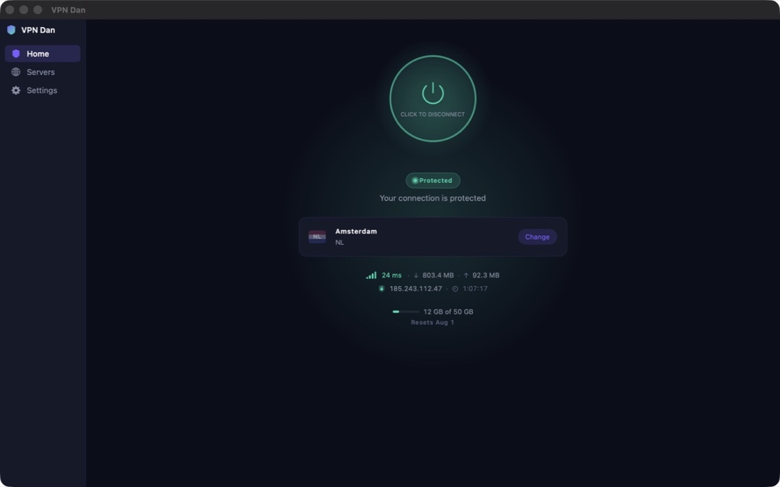 VPN Dan for macOS connected, showing the sidebar, connection status, and monthly data usage